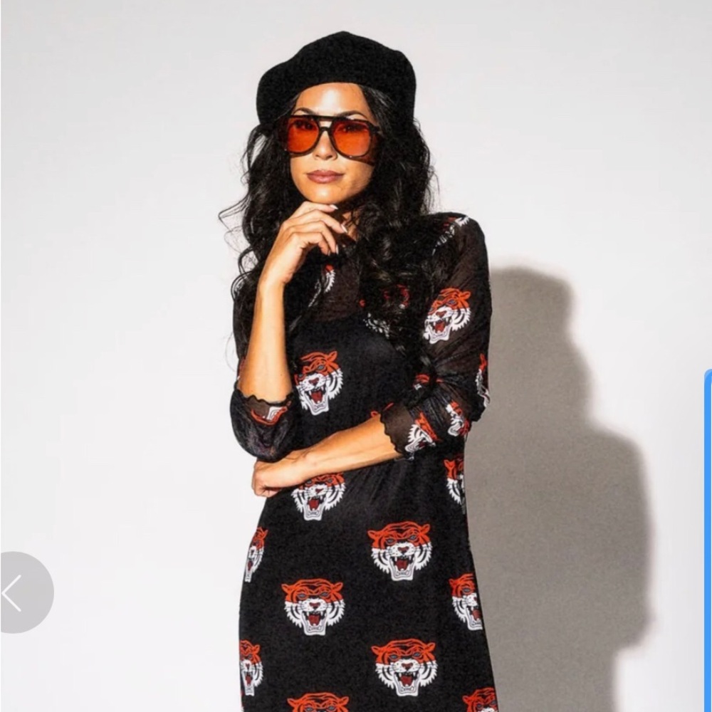 Dressed in LALA Black Mesh Dress with Red and White Tiger Print - Picture 2 of 6